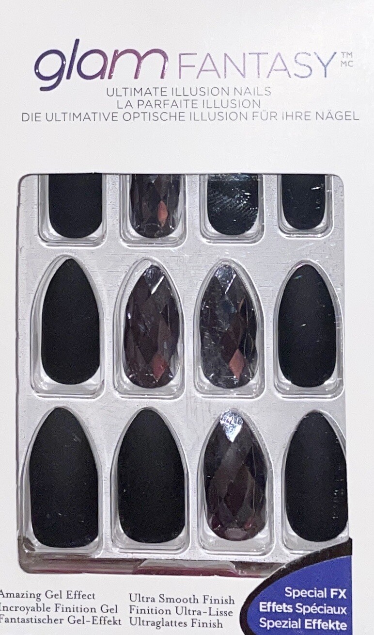 KISS Glam Fantasy Matte Black Glue On Stiletto Shape Medium Length Nails x1