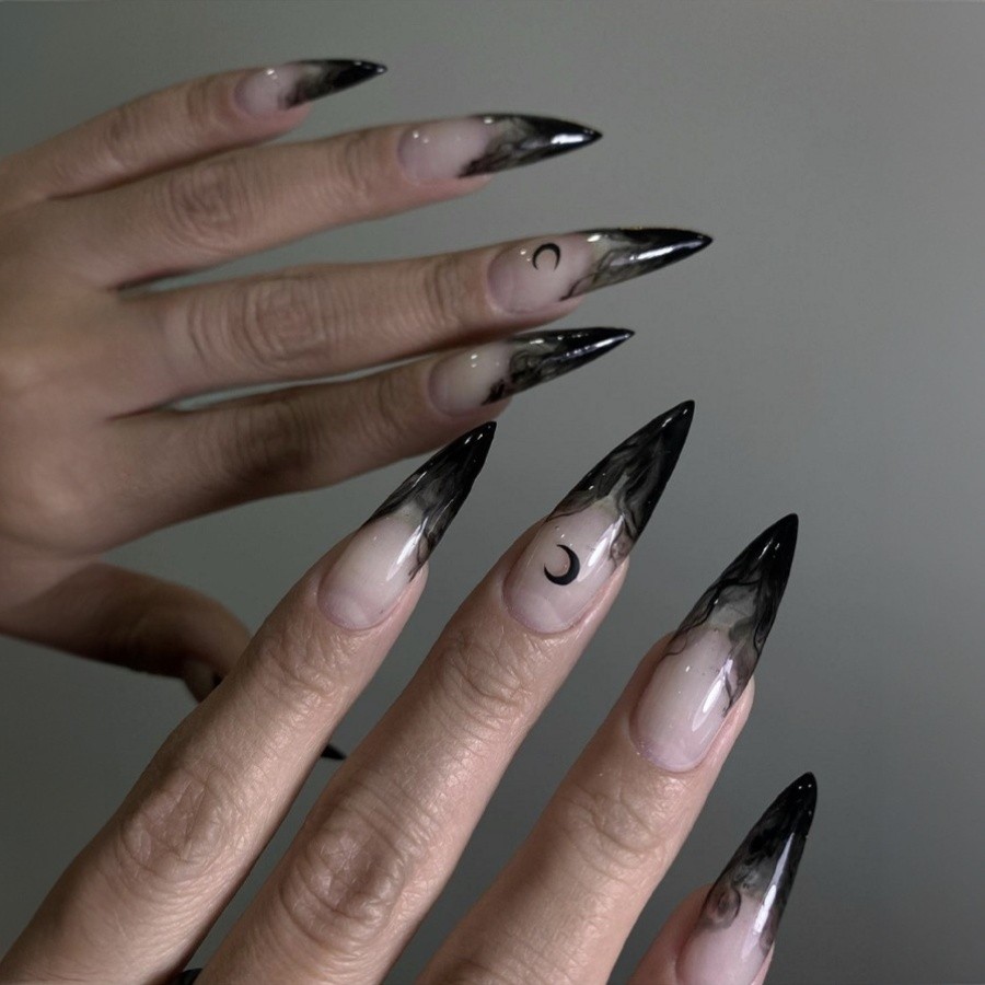 48pcs-Edgy Smoky Press on Nails, Long Stiletto with Nude Base and Black Moon