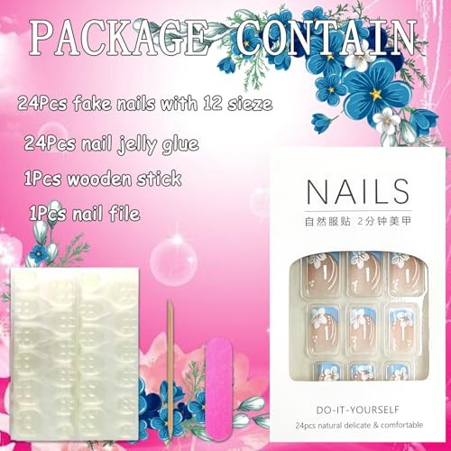 Press on Square Nails – Short Length Glossy – Full Blue & White Floral