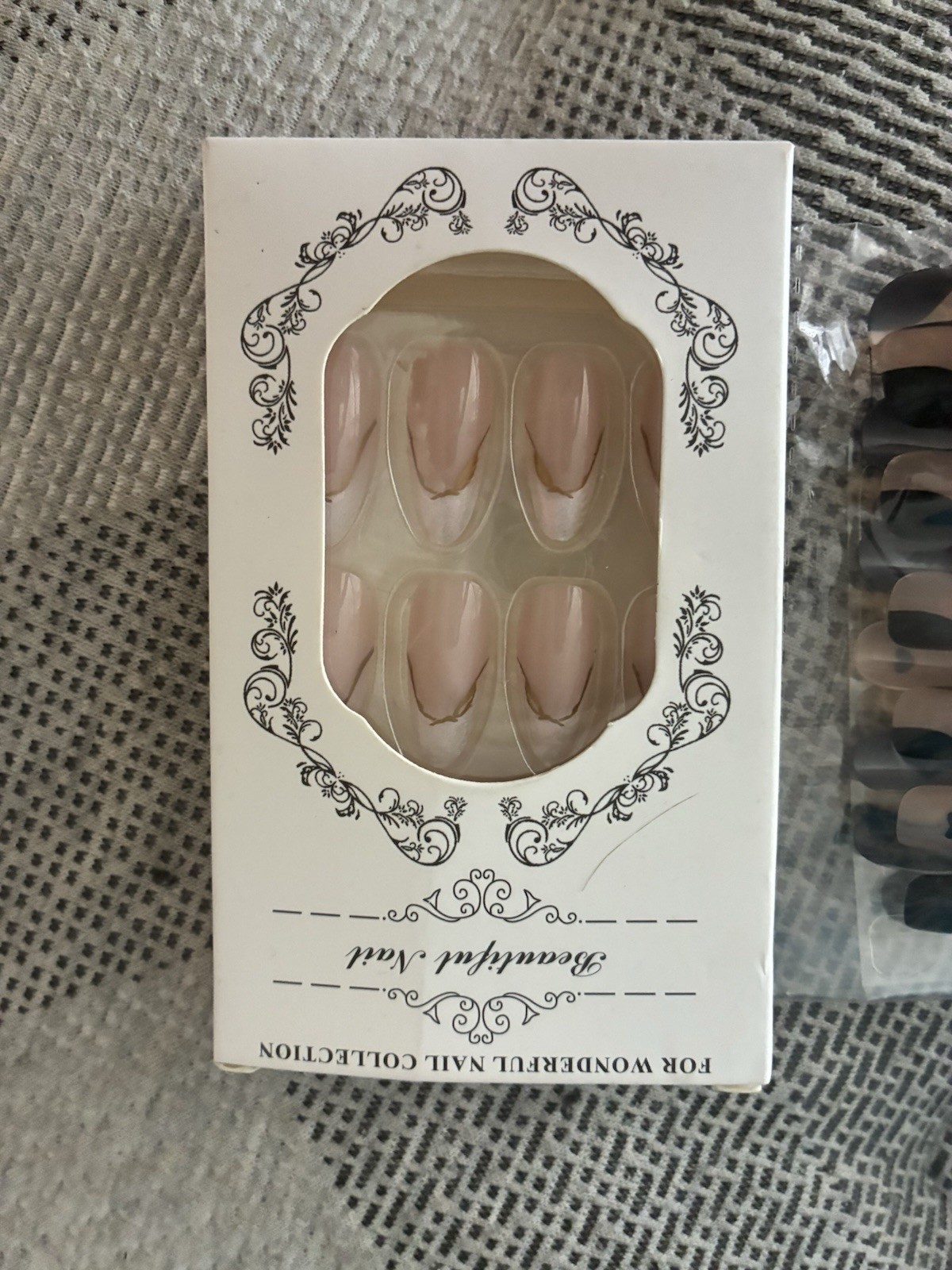 Long Almond Press-On Nails Lot of 3 Black/Beige Hearts Glossy Plastic