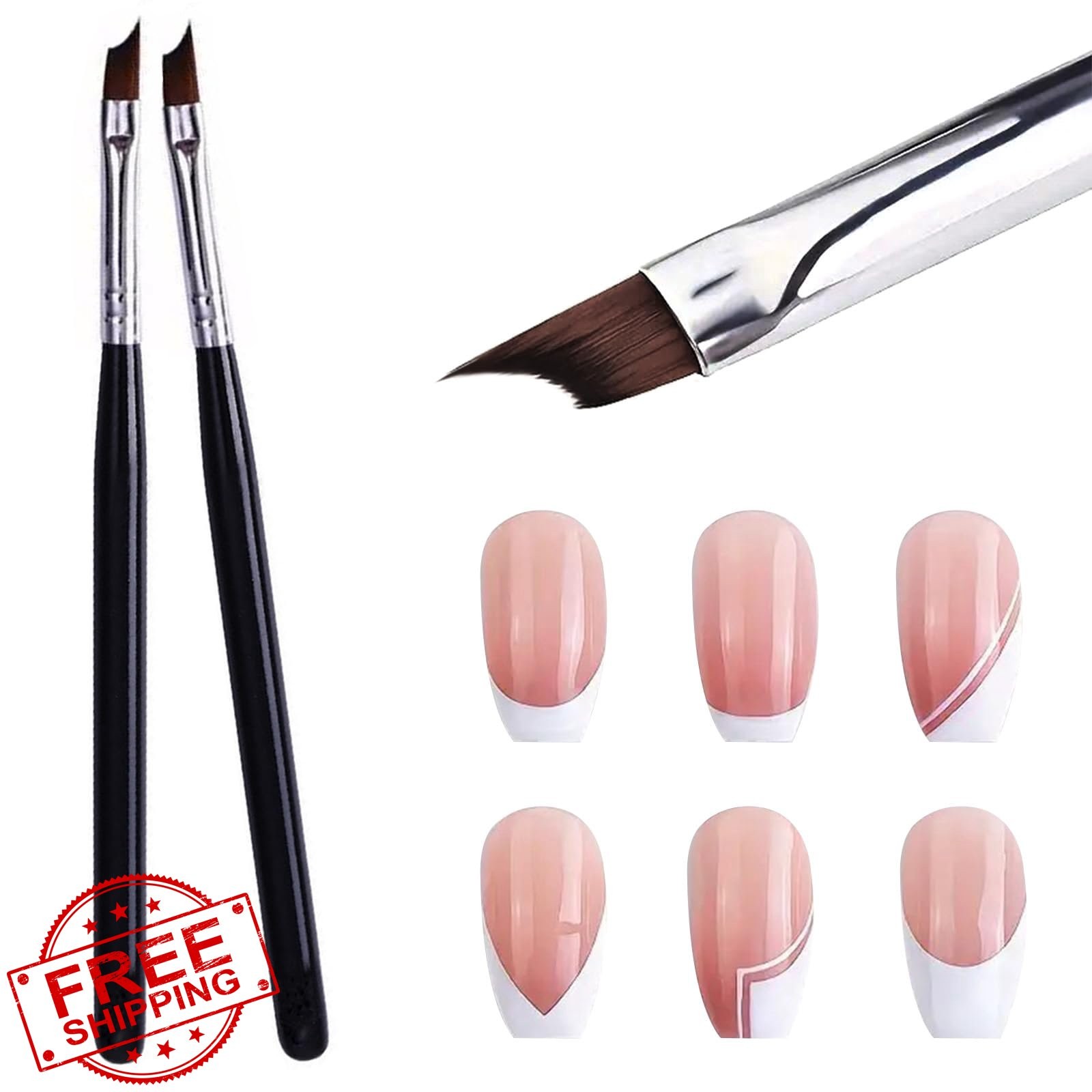 Oblique French Tip Nail Brush Black Handle UV Gel Acrylic Art Pen 2 Pack