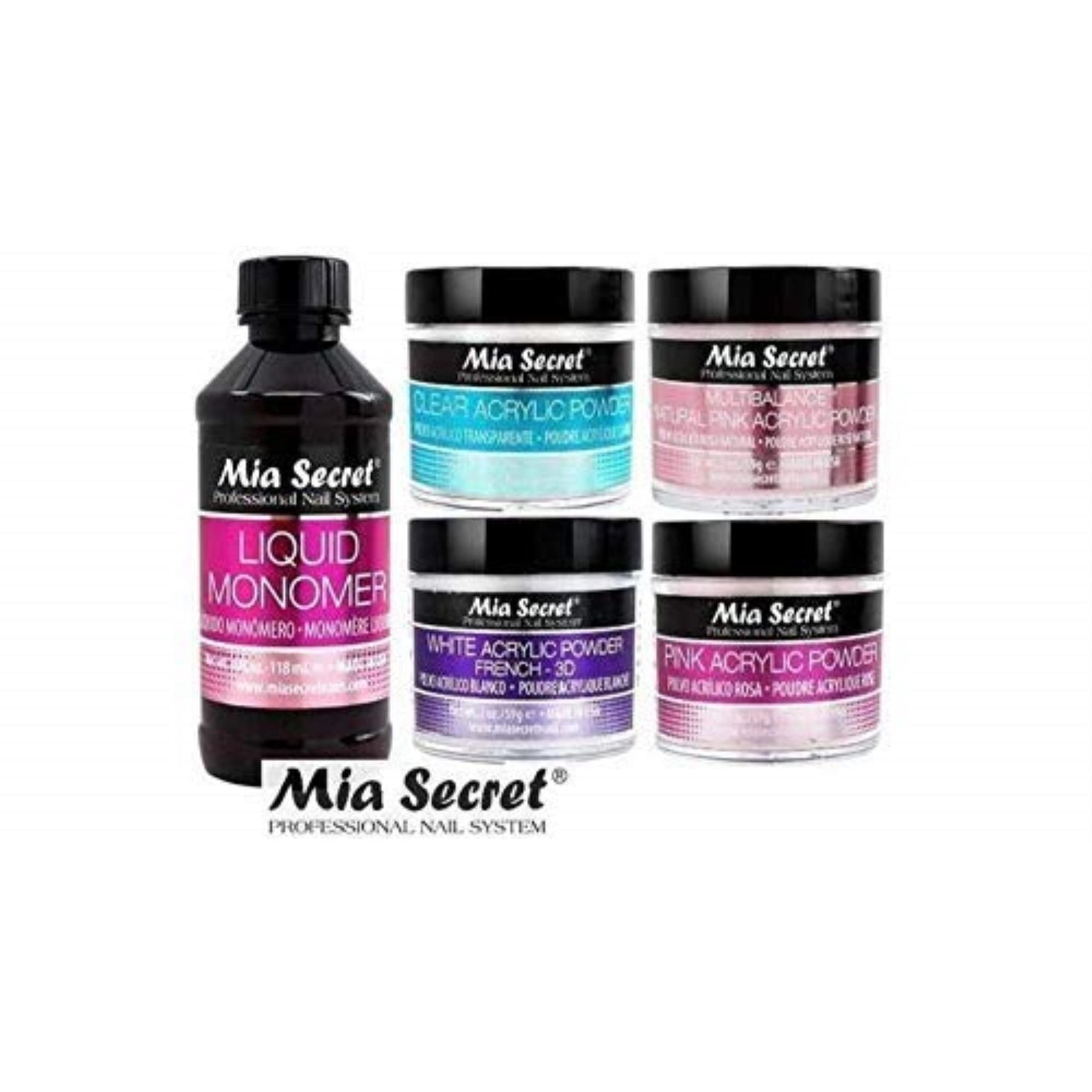 Mia Secret Acrylic Powder Set with Liquid Monomer 5 Piece Pink Clear White