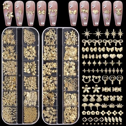 2 Boxes 3D Gold Nail Charms, Assorted Bow Bowknot Heart Star Alloy Nail Studs,