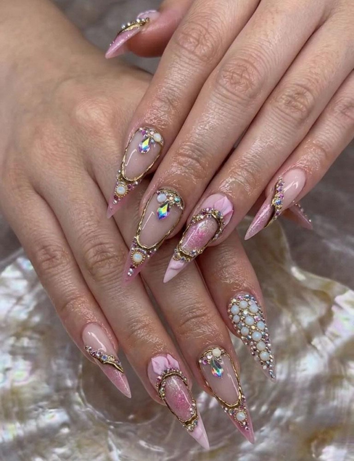 Handmade Pink 3D Flower Rhinestone Gold Frame Long Stiletto Press on Nails