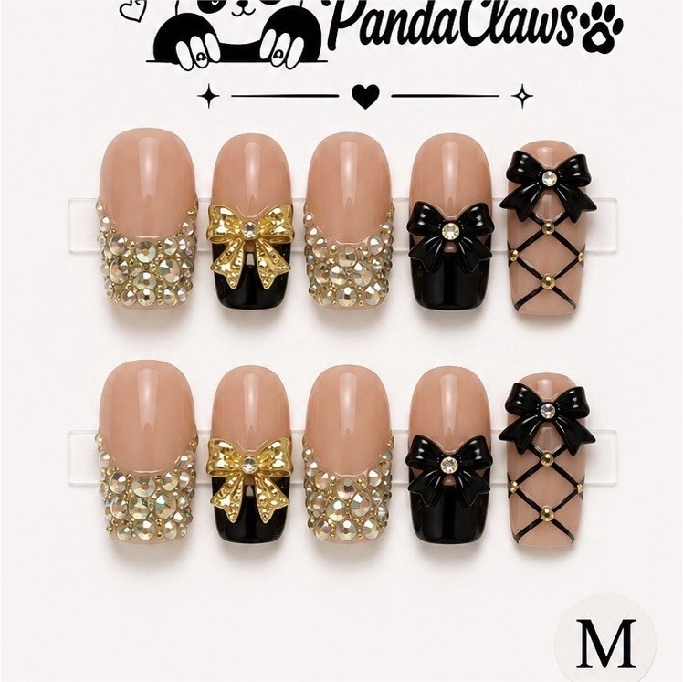 PandaClaws Medium Square Nude Black Gold Bow Rhinestone Press-On Nails Set
