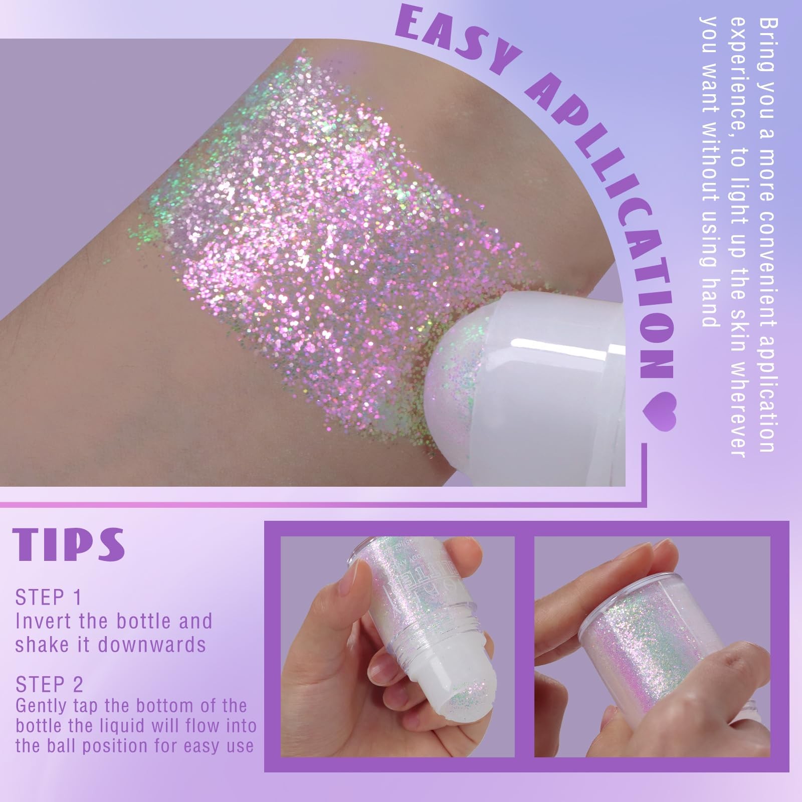 Roll-on Holographic Body Glitter Gel for Face Hair, Chameleon Color Changing Gli