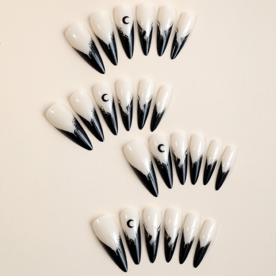 48pcs-Edgy Smoky Press on Nails, Long Stiletto with Nude Base and Black Moon