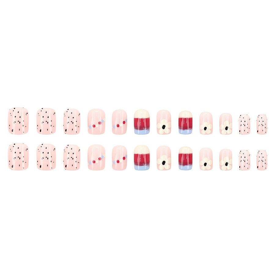 48pcs Short Oval Press on Nails, Nude Base Red White Floral Dot Casual Nails