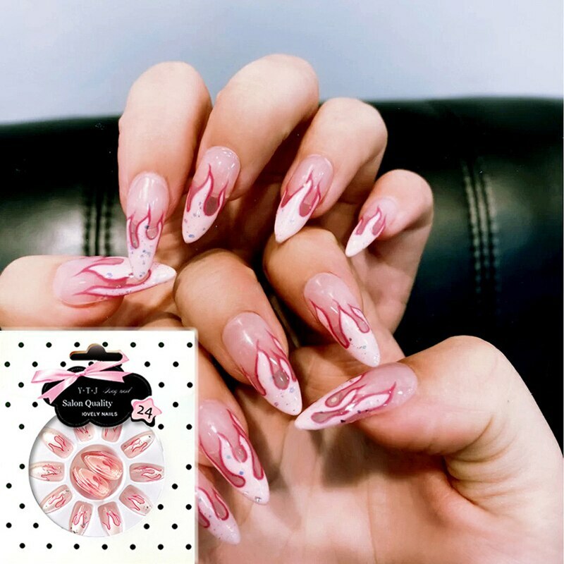 24pcs Black Flame Fake Nail Extra Long Full Cover False Nails With Glue Nail Art