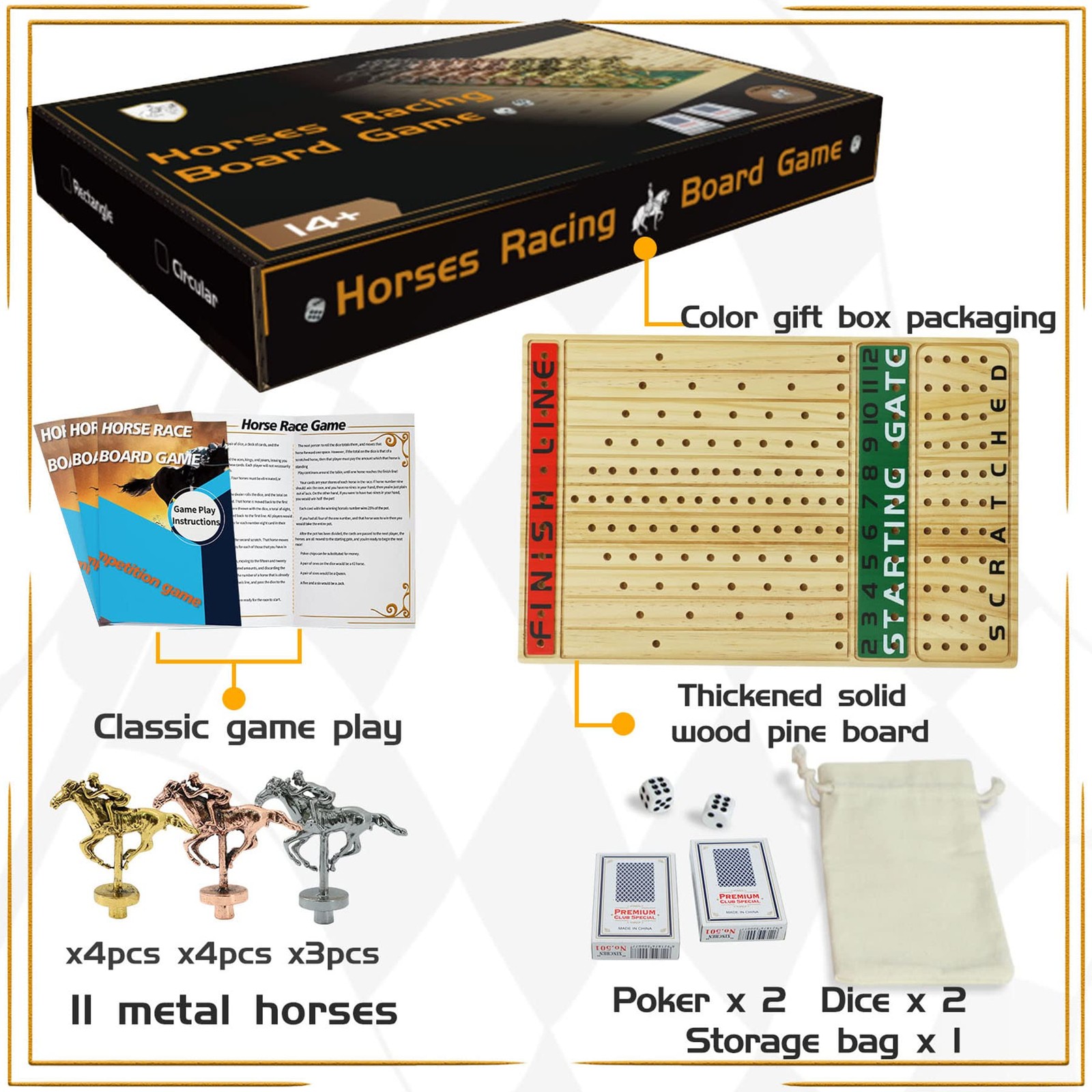 Jyquorp Horse Race Board Game Racing Thickened Solid Rectangle-Log, Log