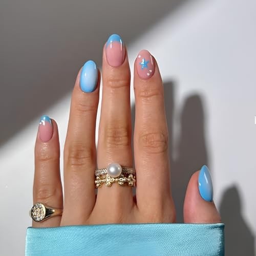 Summer Press on Nails – Short Almond Fake Nails – French Tip – Blue Ocean – 2