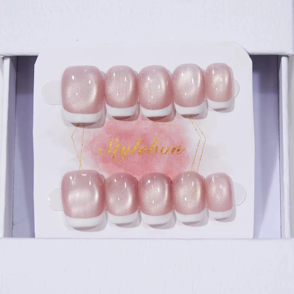 10pcs Handmade Press on Nails Plaid Pearl French Cat’s Eye Aurora False Nails