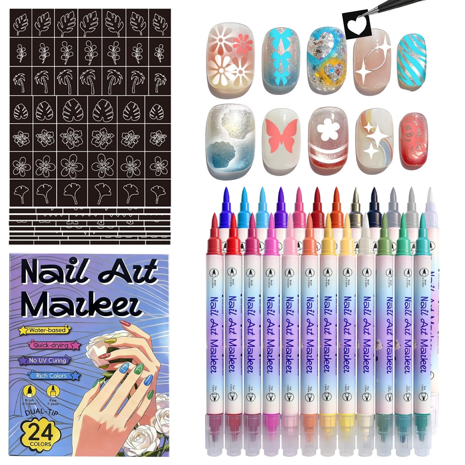 24-Color Nail Art Marker Pens Set with Dual Tips & 14 Stencils – Quick-Dry DIY T