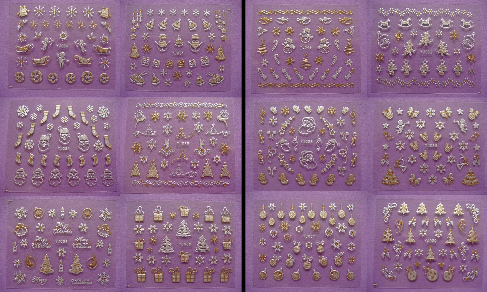 GOLD SILVER XMAS 3D Nail Art Stickers White Black Snowflakes Angels Reindeer