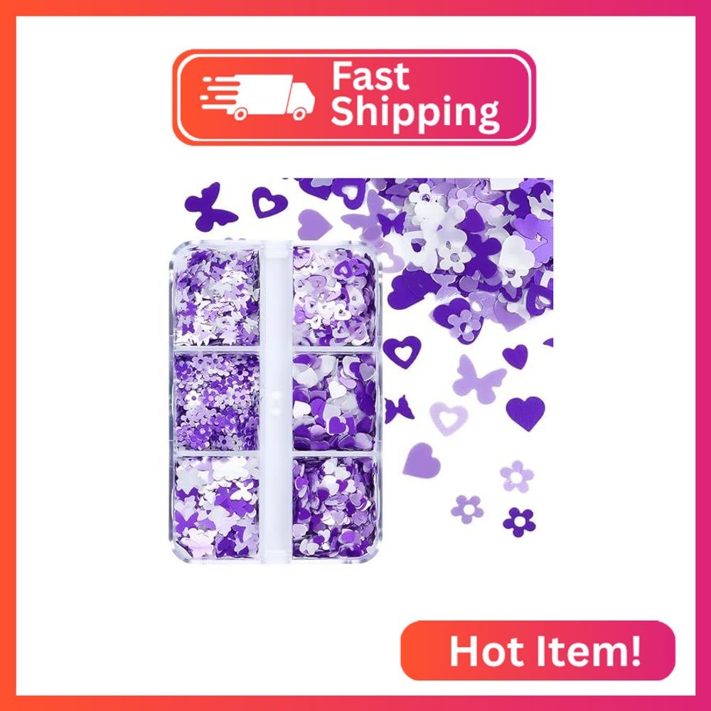 Tyuimhx 6 Grids Purple Nail Art Glitter Sequins Holographic Butterfly Heart Flow