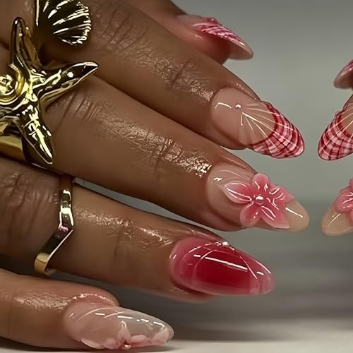 24Pcs Pink Flower Press on Nails Medium Almond Gradient Embossed Flower Style