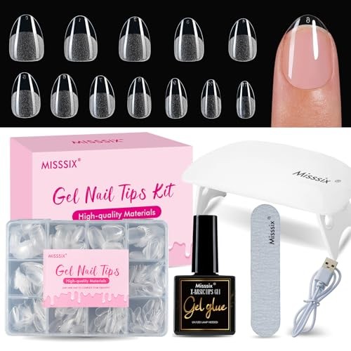 Misssix Gel Nail Tips Kit, 216Pcs Fake Nails, Portable UV Lamp, 12 Sizes