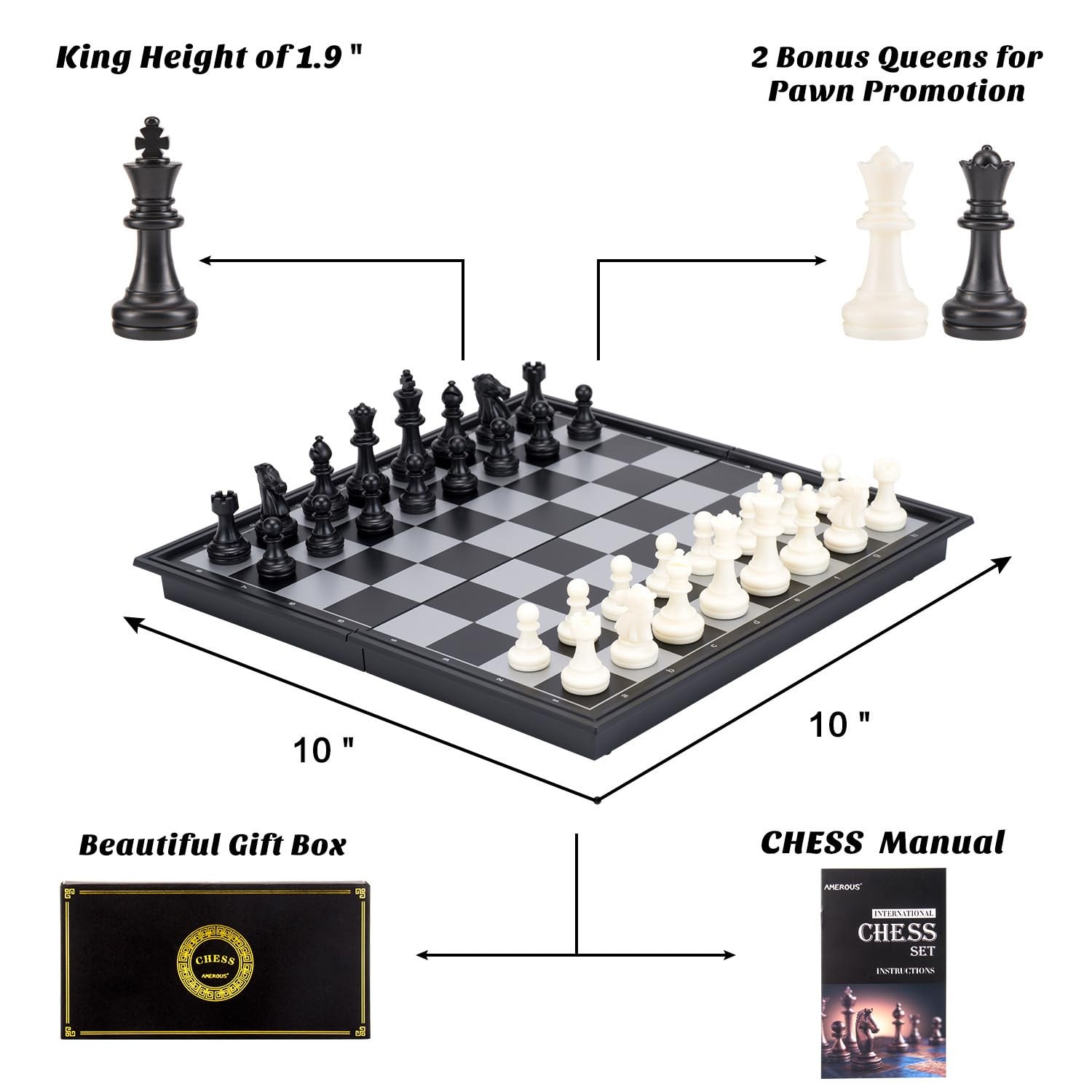 AMEROUS 10 Inches Magnetic Travel Chess Set with Folding 10 inches, Black