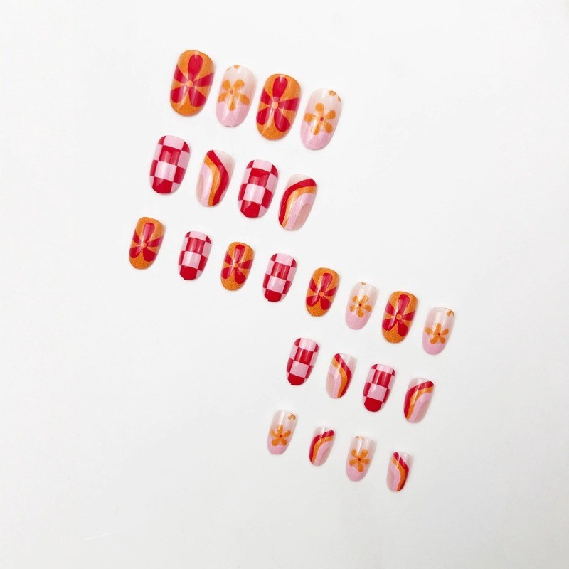 48PCS detachable reusable pink orange flower and checkerboard pattern fake nails