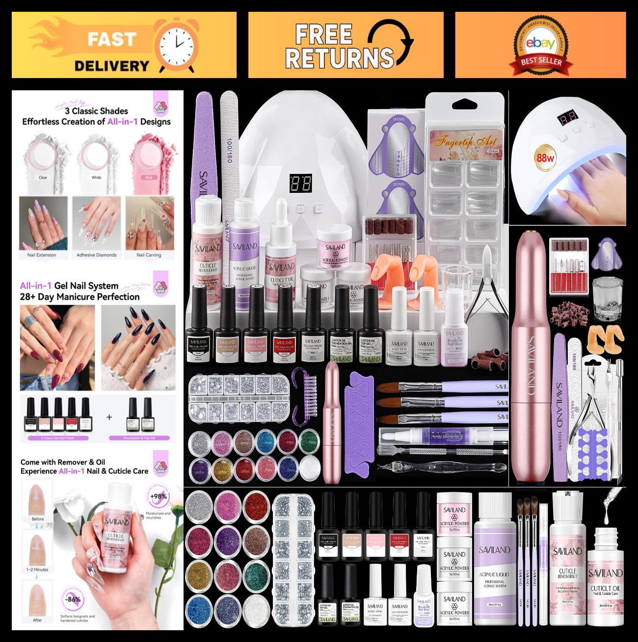 All-in-One Acrylic Nail Kit with 88W Nail Lamp, Monomer, Gel Polish & Drill