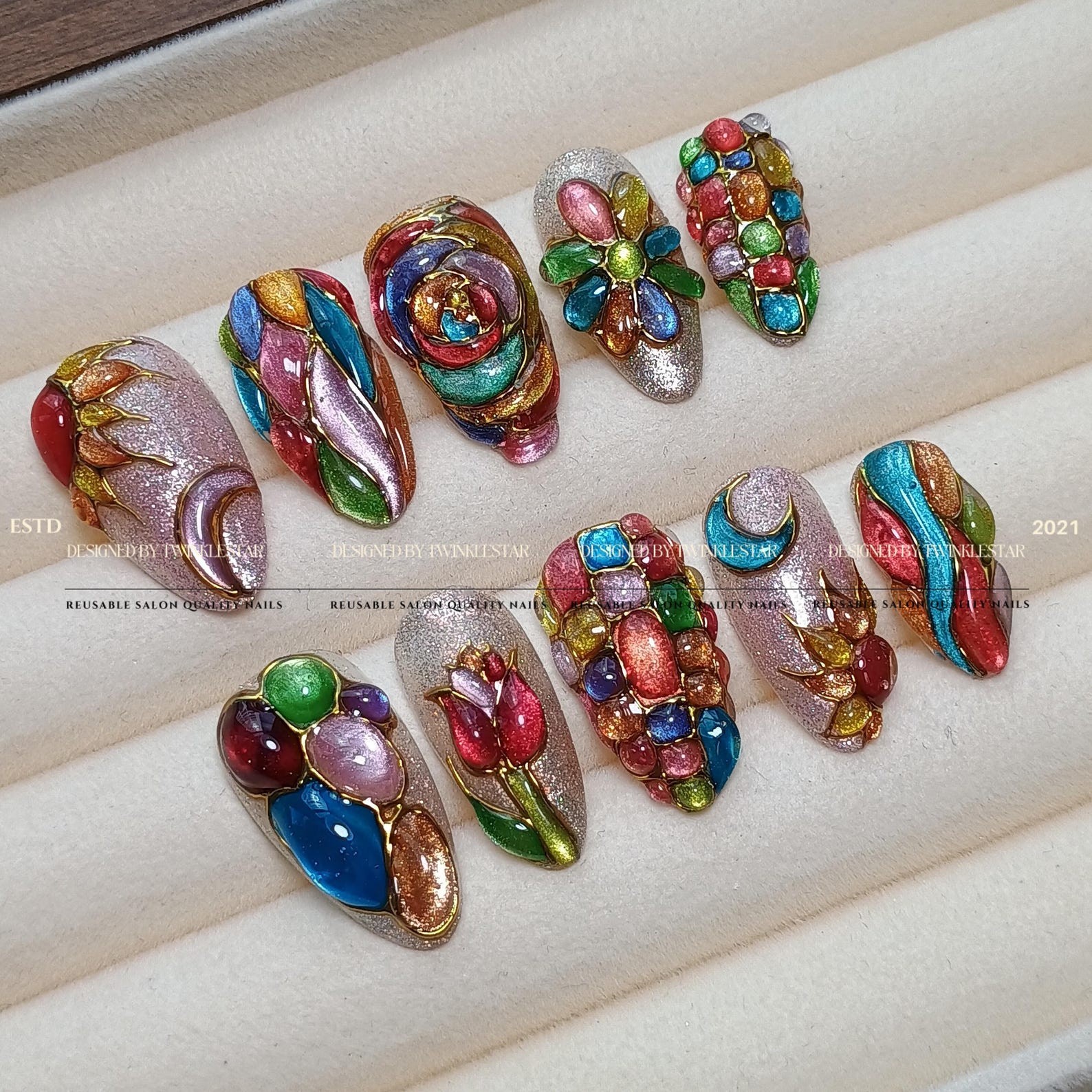 Handmade Stained Glass Colorful Gem Tulip Moon Gold Wire Almond Press on Nails