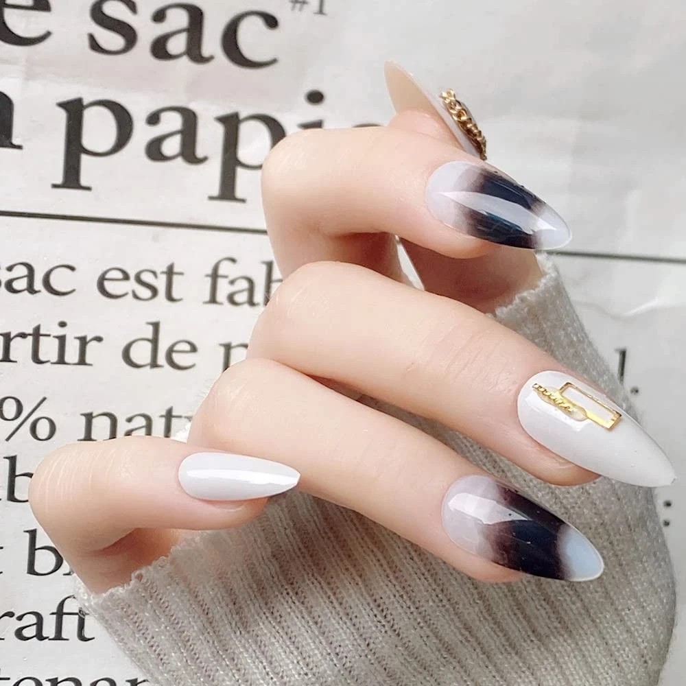 Secret Lives 24 PCS Reusable Fake Nails Set | White with Dark Grey Patch & Golde