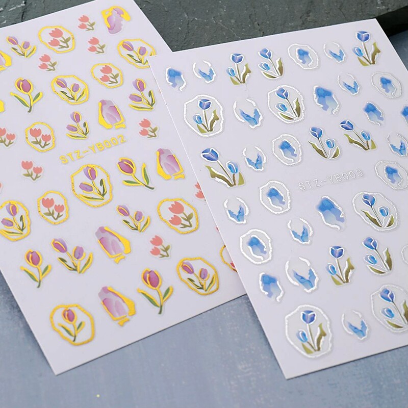 Tulip Flower Leaf Nail Sticker Silver Vintage Flower Blue Pink Wrap Nail Decal