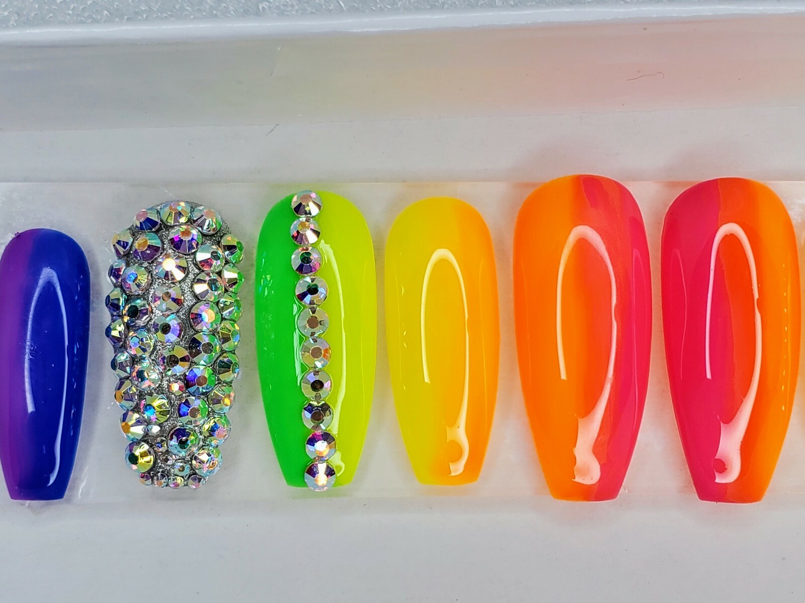 Neon Rainbow bling nails crystal pride set Press On nails diamond long coffin