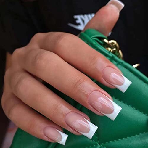 Press on Nails Short Coffin, French Tip for Women with Nude Pink Medium White