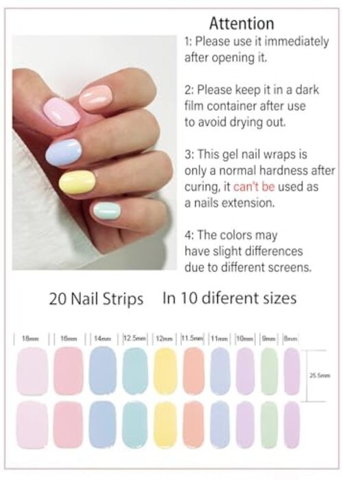 Semi Cured Gel Nail Strips, Spring Macaron, Candy Color 20pcs Gel macaron color
