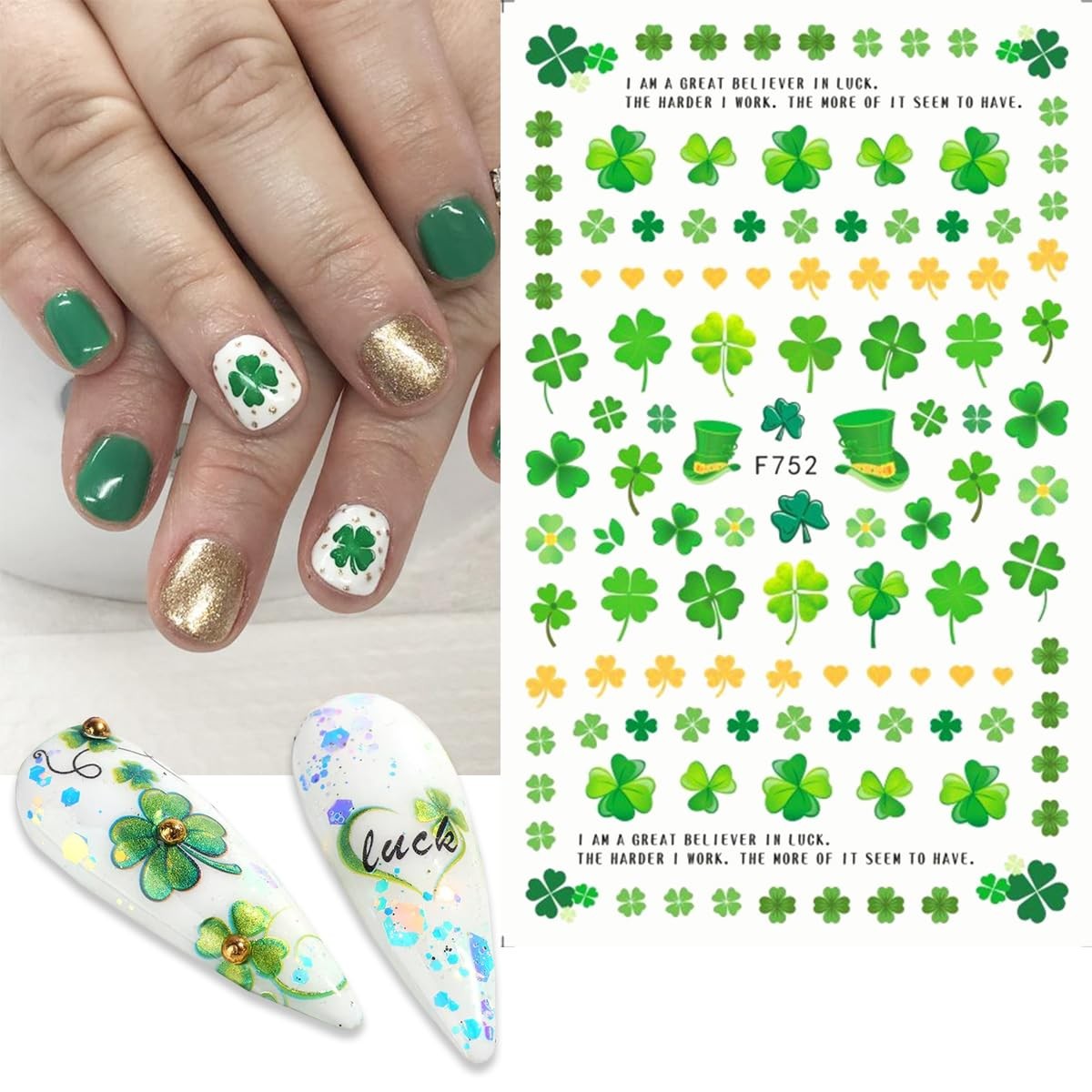 6 Sheets St. Patrick’s Day Nail Art Stickers Green Shamrock Nails