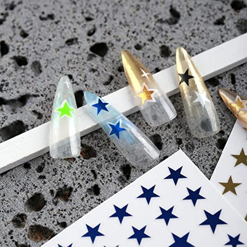 12 Colors Stars Nail Art Stickers, Laser Gold Silver Red Five-Pointed Star
