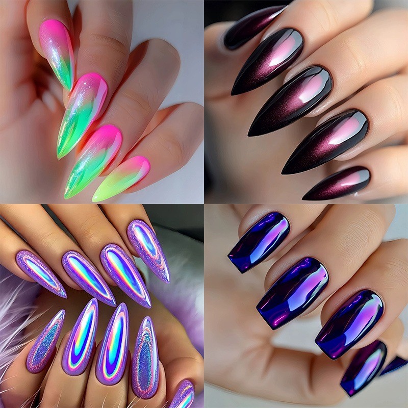 96PCS Neon Gradient Reusable Pink, Black, Purple Flashing Fake Nails