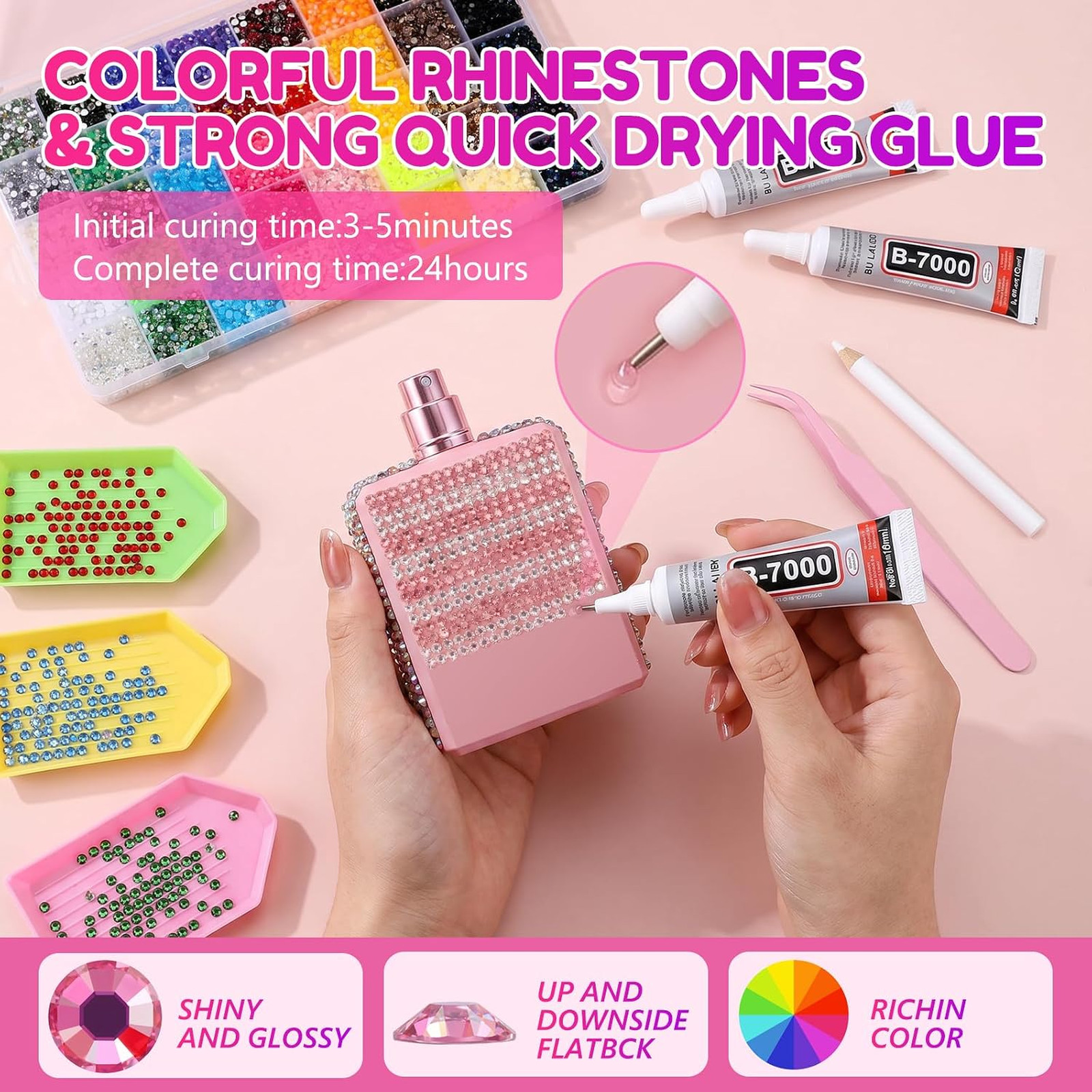 Bedazzling Kit with 80 Colors Resin Rhinestones 3mm Jewelry Glue and Tools for