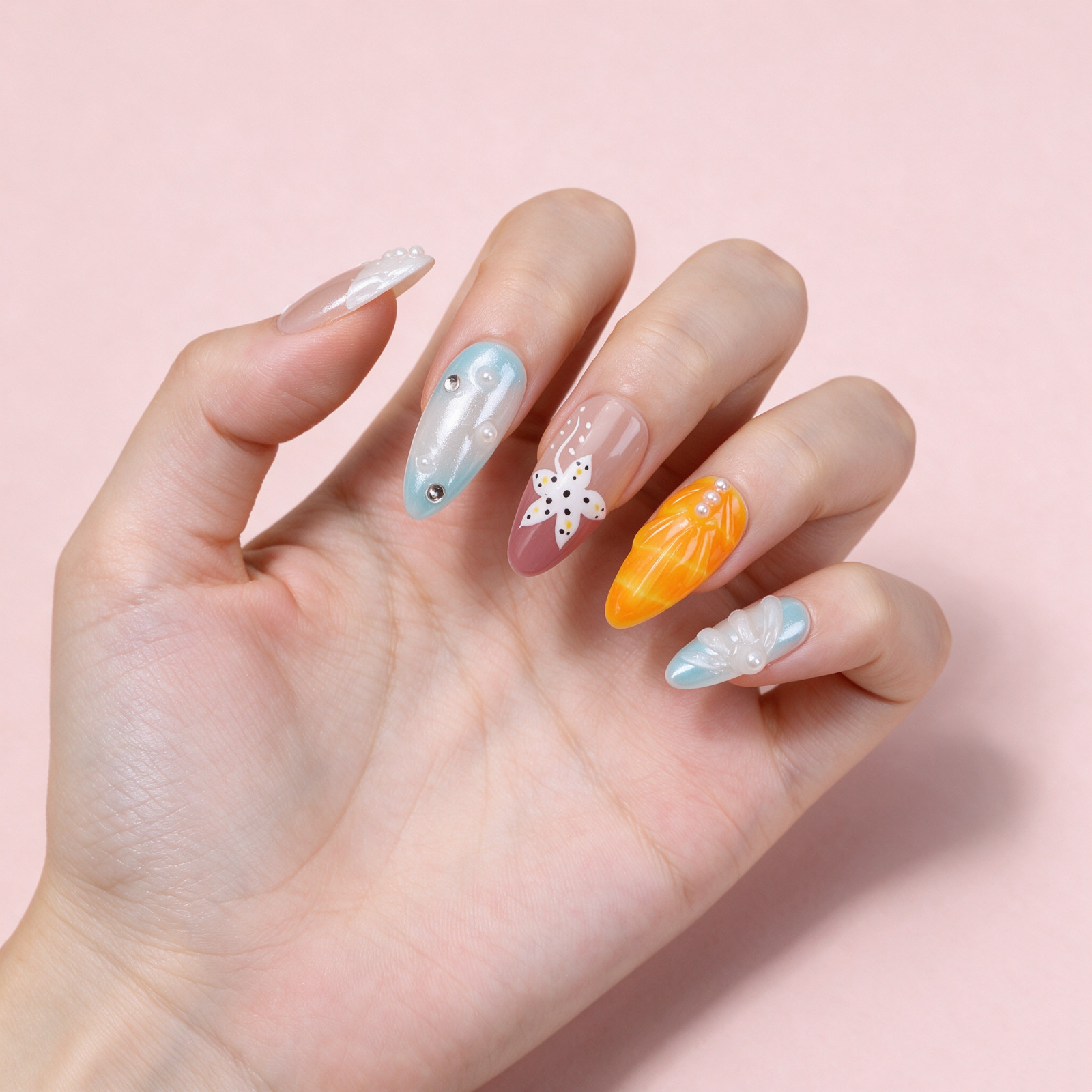 Press On Nails Medium Almond Blue Orange 3D Floral Pearl Summer Beach Nail Set