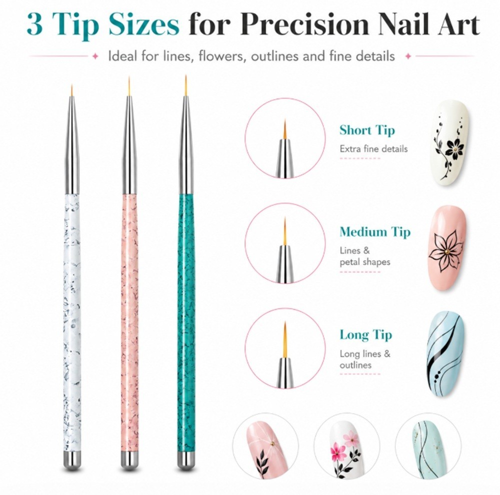 3-Piece Nail Art Tool Set Nail Art Pen UV Gel Dotting Tool Fine Liner Brush Kit