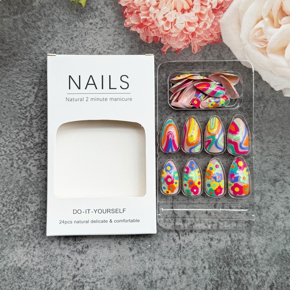24Pcs Colorful Flower Press on Nails Medium Almond Shape Fake Medium, Style D