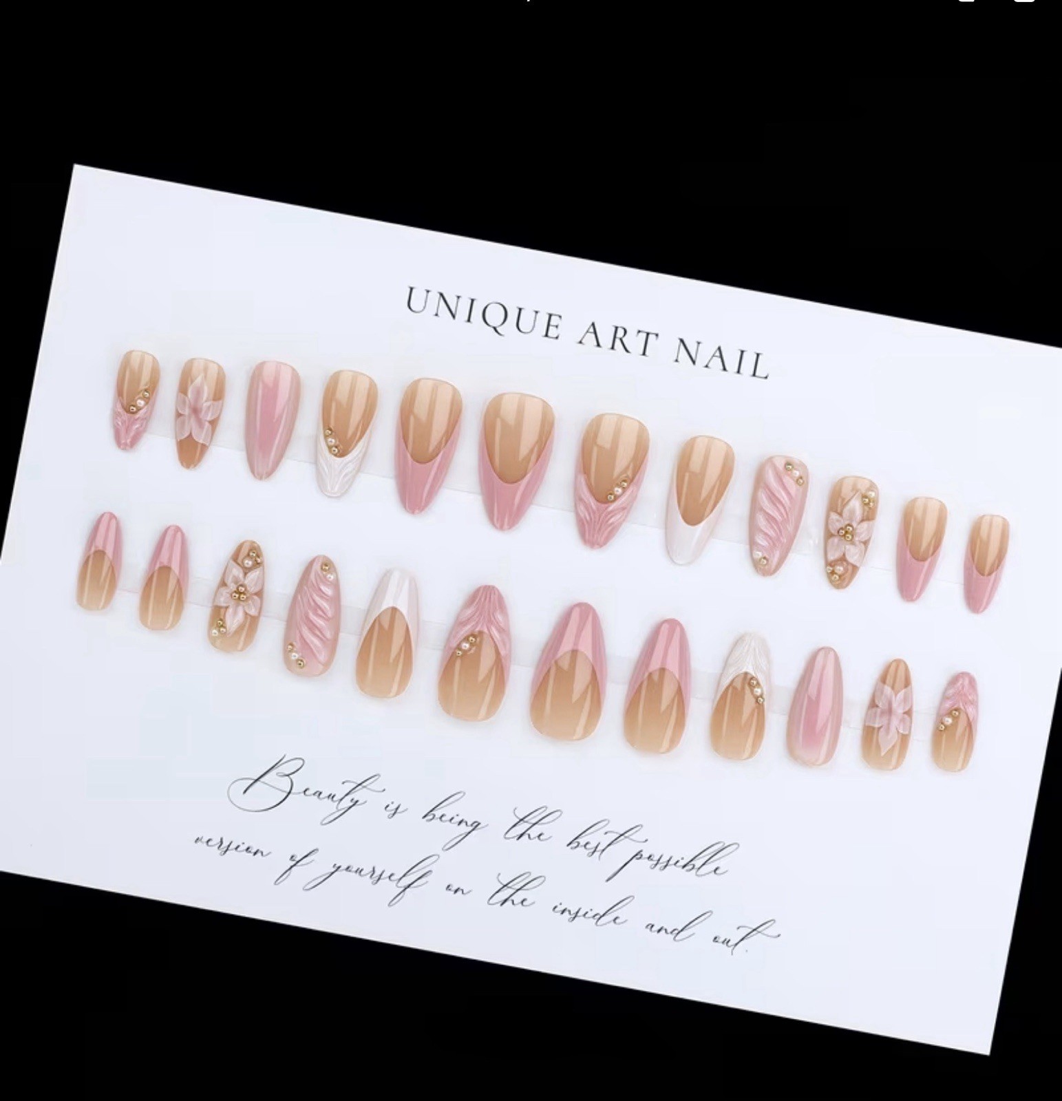 Unique Art Pink White Gold 3D French Almond Gel Flower Press-On Nails Set