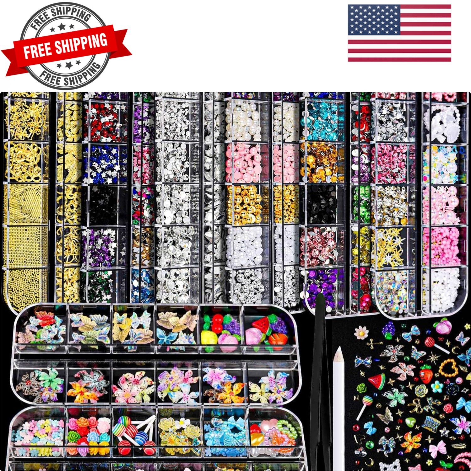 Nail Charms and Gems, 8 Boxes Nail Art Kit for Design, Multi-Shape Rhinestone…
