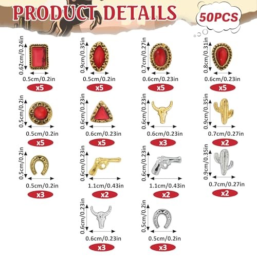 50 PCS Western Nail Charms – Turquoise Charms 3D Multi Shapes Western Nail Red
