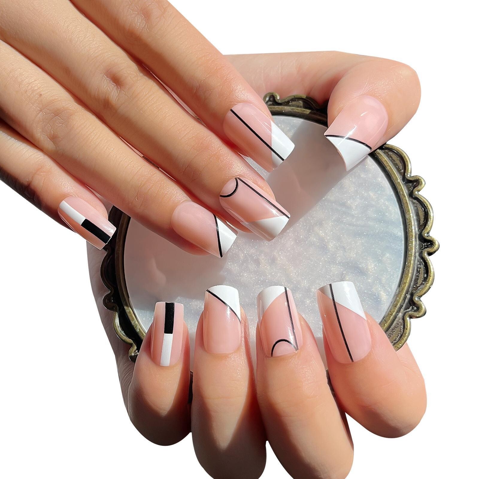 24 Pcs French Shape False Nail Short Square Press on Nails with Nail Sticker Kit