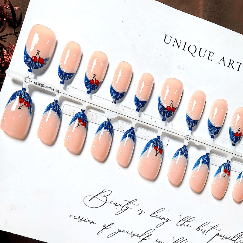 60pcs Almond Press on Nails, Denim French Tip Hand Drawn Cherry Casual Nail Art