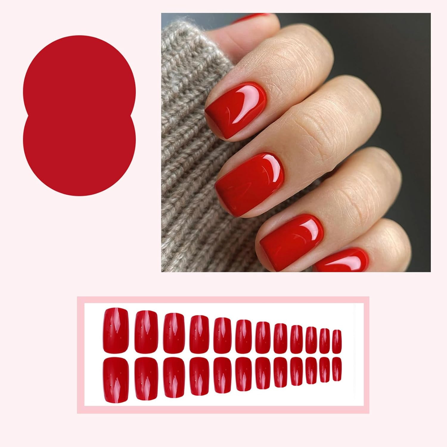 Red Press on Nails Short Square Fake Nails Classic Red Glossy Handmade Color-2