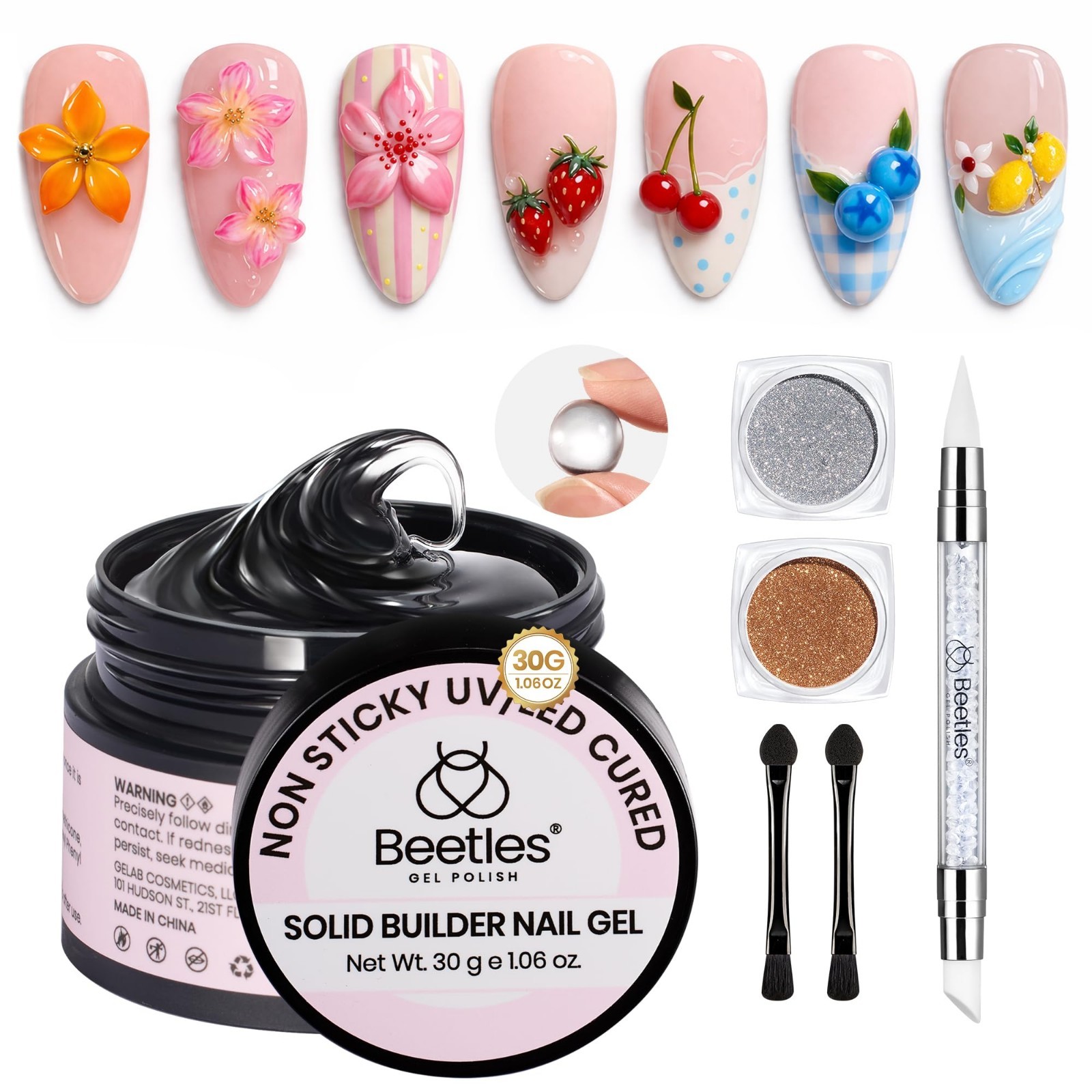 3D Gel Nail Art Kit – 1oz Clear Builder Gel, 5-in-1 Non-Sticky Sculpting Pen for
