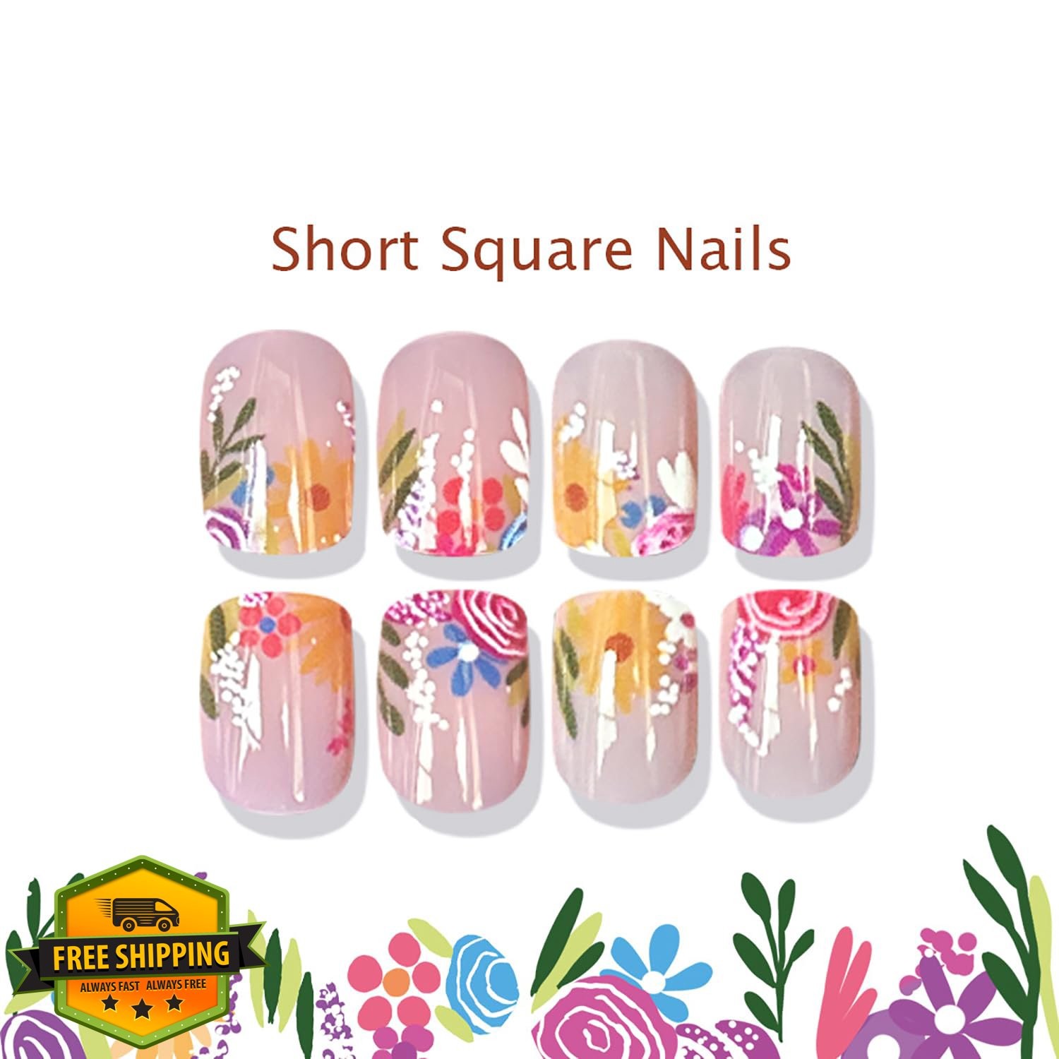 Short Square Press On Nails Nude Daisy Design Acrylic Full Cover 24Pcs