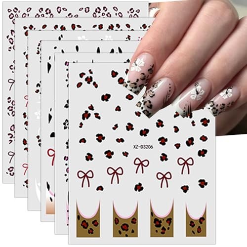 Leopard Print Nail Stickers Bow Decals for Nail Art Black Flower Nail Nial-5