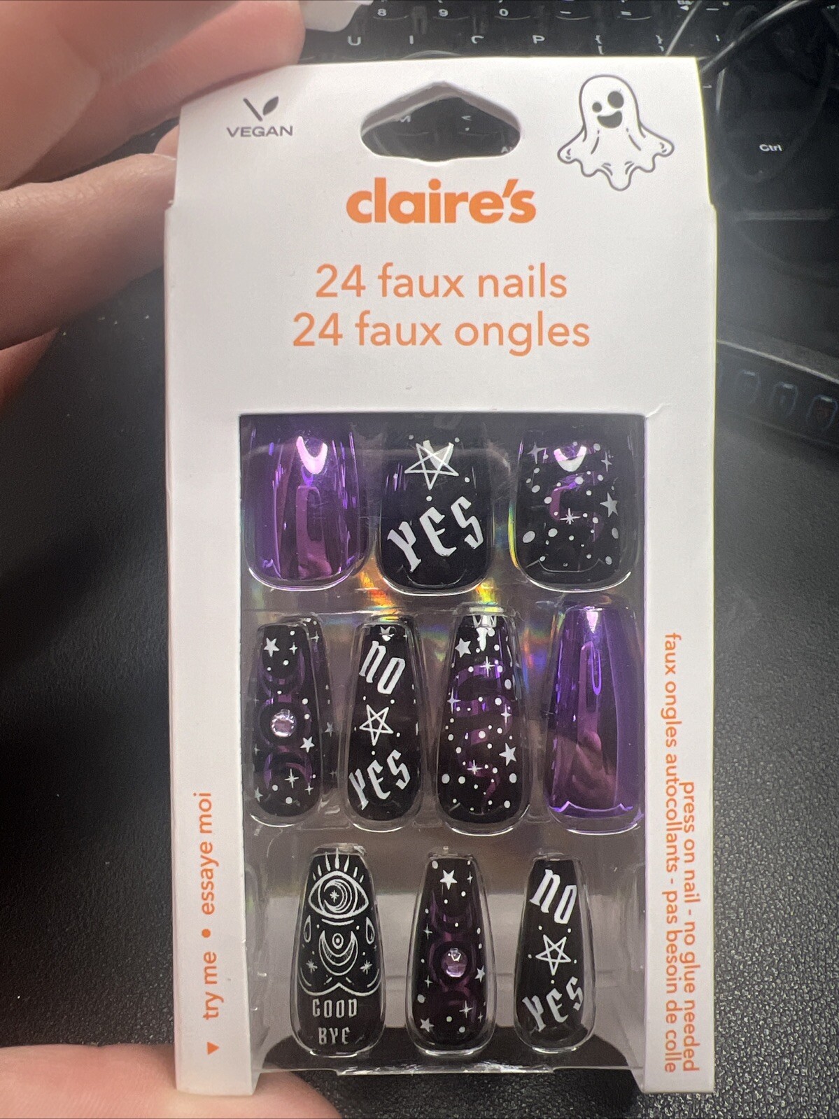 24pc Claire’s Fake False Press On Fortune Teller Purple Black Long Coffin Nails