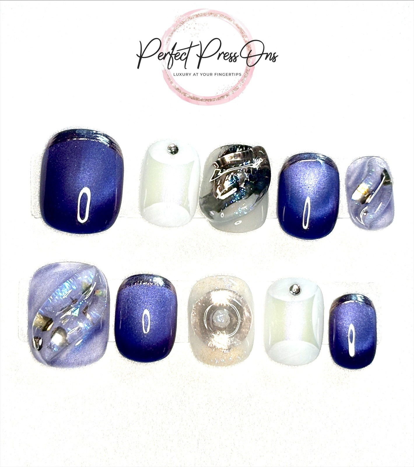Royal Blue Velvet Press On Nails Medium Silver Foil Swirl Celestial Goth 10pc