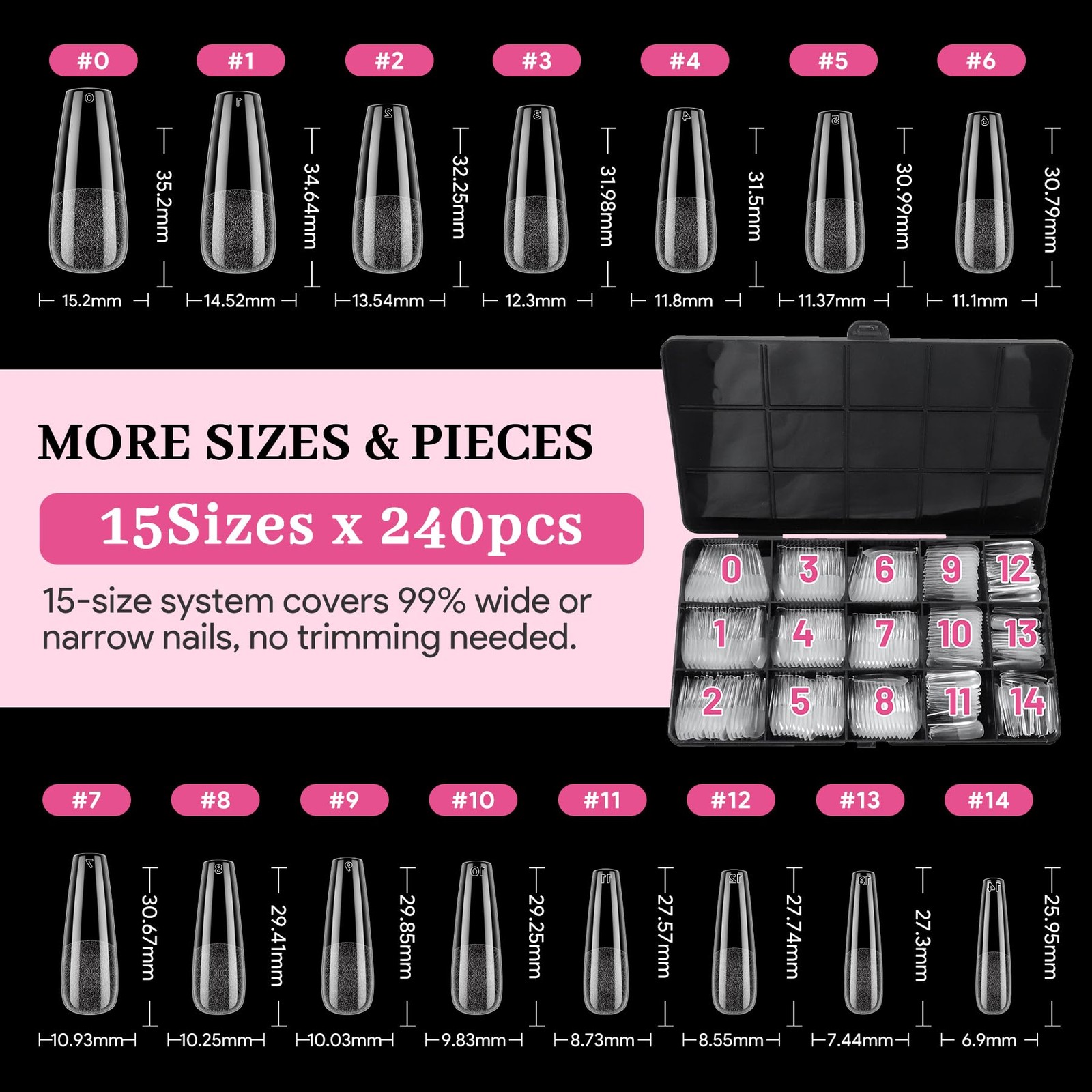 Long Coffin Pre-Building Nail Tips, 15 Sizes 240 PCS Pre-shaped Apex Clear So…