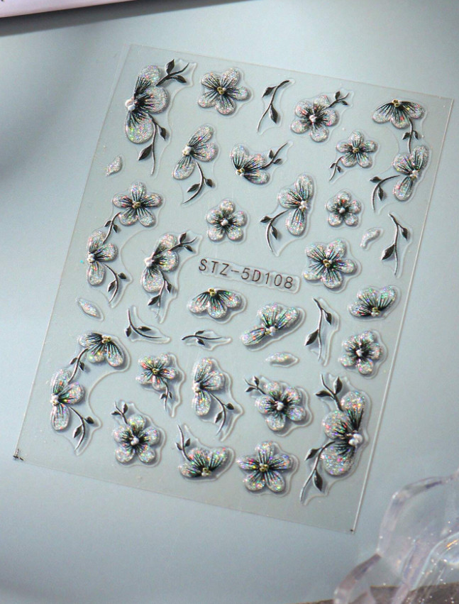 Relief Laser Glitter Flower Nail Art Sticker 5D Embossed Self Adhesive DIY NH27